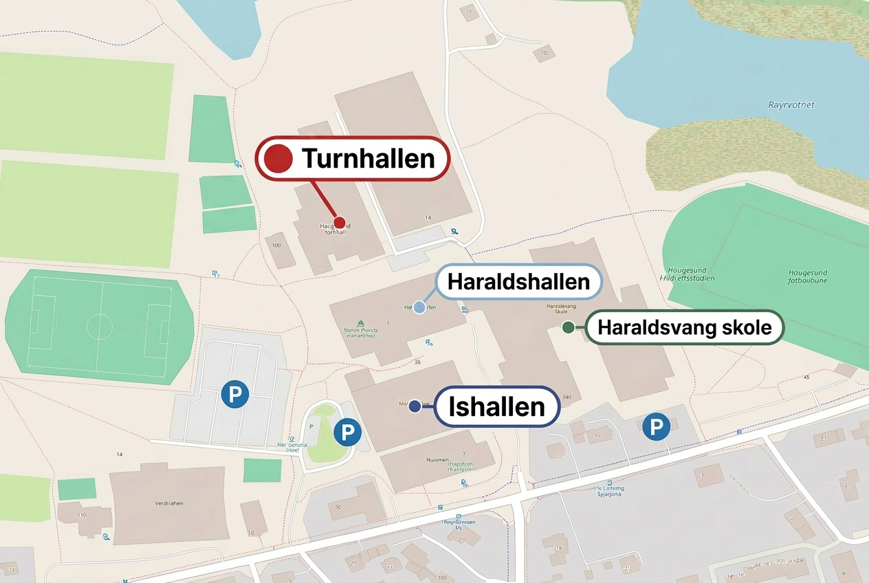 Kart over Haugesund Idrettspark med markeringer for haller og parkering